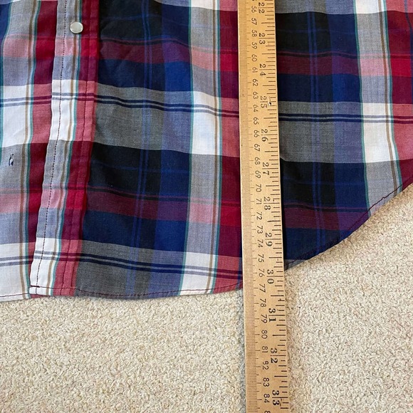 Vintage Ely Plains Mens Large Plaid Pearl Snap Shirt Short Sleeve Red White Blue - Picture 5 of 7